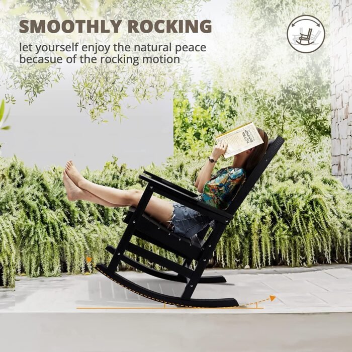 LUE BONA Outdoor Rocking Chairs Set of 2, Weather Resistant Poly Plastic Rocker, 350lb Heavy Duty, Oversized Porch Rocker for Adult, High Back Smooth for Outdoor & Indoor, Black - Image 8