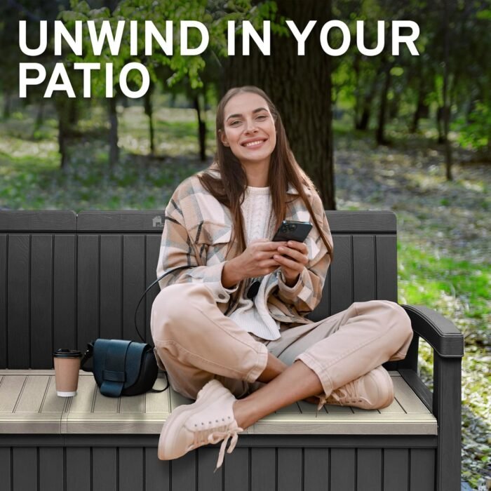 EconoHome 3 Seat Outdoor Storage Bench - 90 Gallon Capacity - Weatherproof Resin Bench for Patio, Porch, Garden, Yard, Pool Area - Furniture for Pool Accessories, Gardening Tools, Toys - Image 6