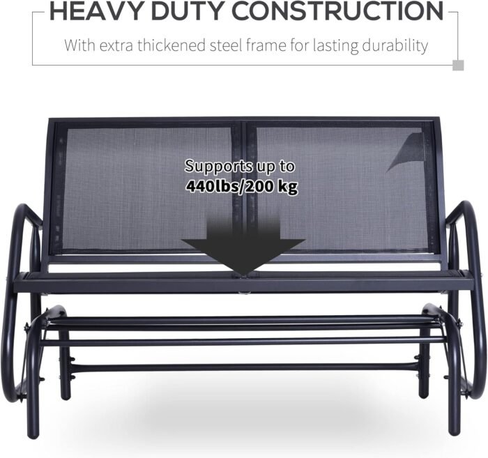 Outsunny 2-Person Outdoor Glider Bench, Patio Double Swing Rocking Chair Loveseat w/Powder Coated Steel Frame for Backyard Garden Porch, Black - Image 6