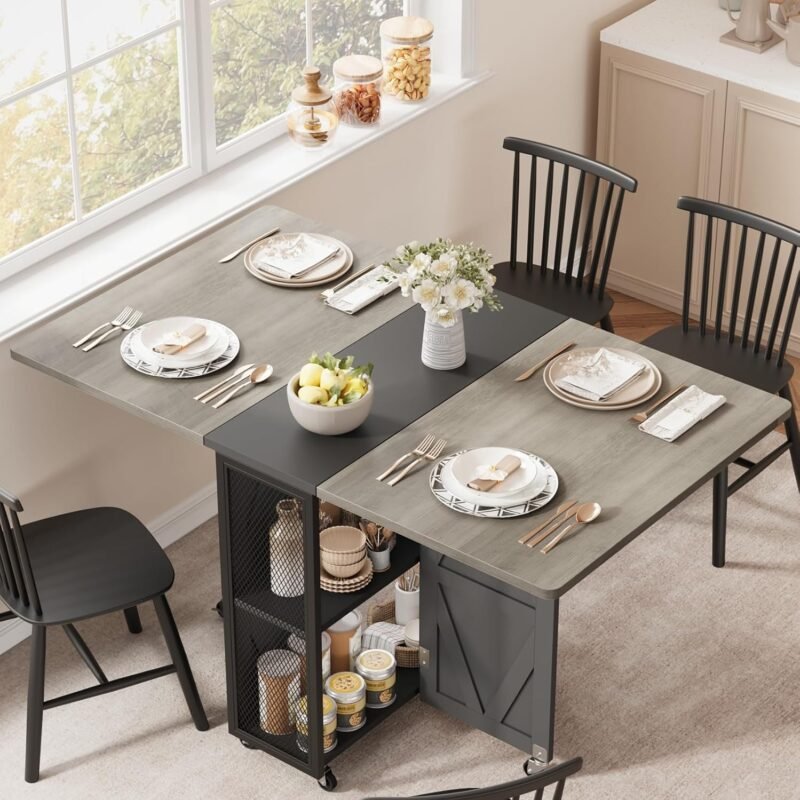 Folding Dining Table, Dining Table Set for 4, Foldable Kitchen Table Farmhouse Dinner Table, Space Saving Drop Leaf Tables for Small Spaces, Extendable Dining Room Table, Rectangle Collapsible Table