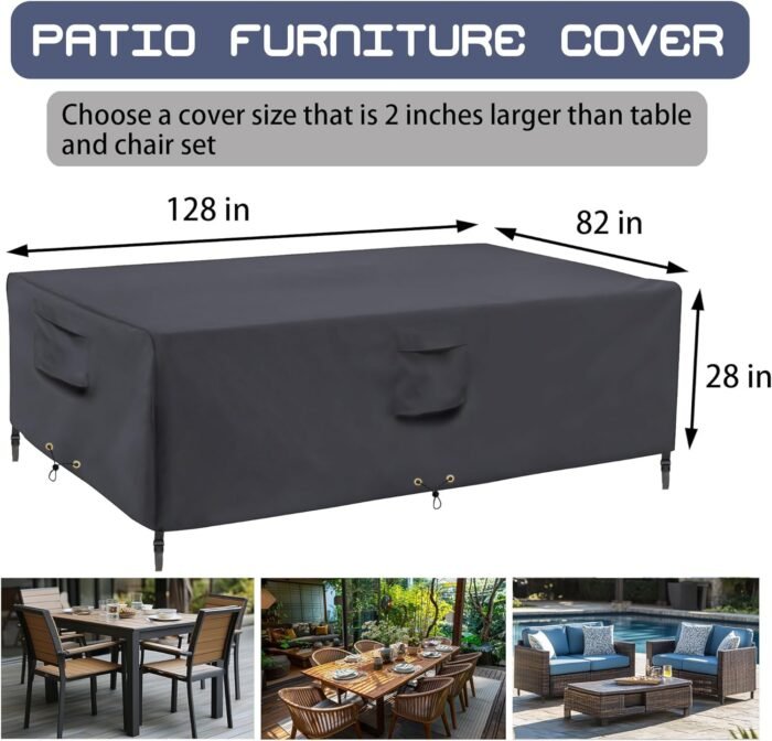 Patio Furniture Covers, Outdoor Rectangular Patio Chair Covers Waterproof Large, 600D Heavy Duty Table Cover, Outside Dining Table and Chairs Set Covers (Grey, 128 x 82 x 28in) - Image 2