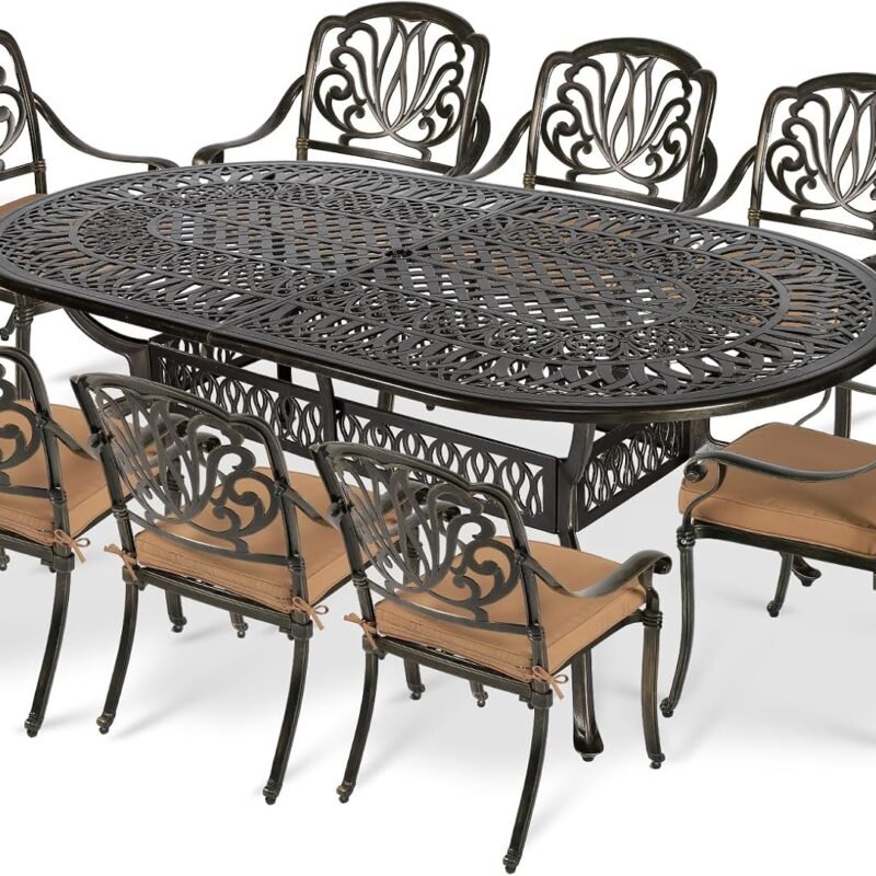 VIVIJASON 9-Piece Outdoor Furniture Dining Set, All-Weather Cast Aluminum Patio Conversation Set, Include 8 Cushioned Chairs and an Oval Table with Umbrella Hole for Balcony Lawn Garden Backyard