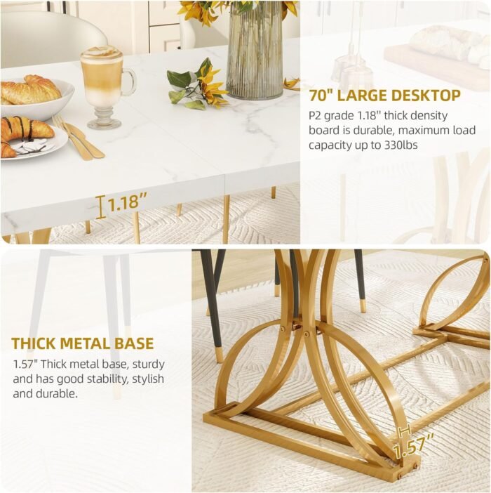 DWVO 70.3" Large Modern Dining Table for 6-8 People Rectangular White Kitchen Dining Room Table with Faux Marble Tabletop and Gold Geometric Metal Legs Farmhouse Wood Dinner Tables, White and Gold - Image 4