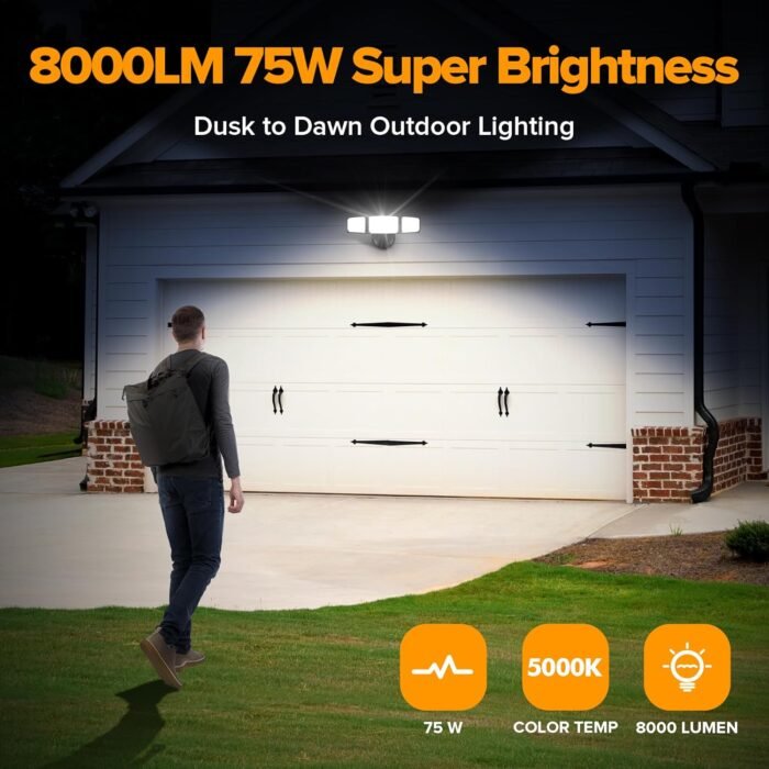 LUTEC 75W 8000LM Dusk to Dawn Outdoor Lighting, LED Flood Light Outdoor with Photocell, 5000K Daylight, IP65 Waterproof, LED Security Lights for Garage, Yard, Patio (Black) - Image 2