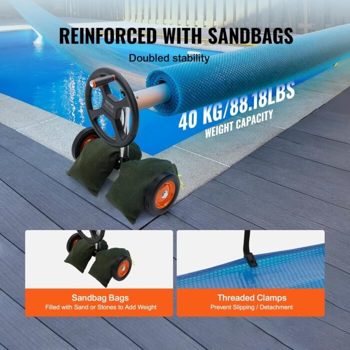 VEVOR Pool Cover Reel, Aluminum Solar Cover Reel 18 ft, Inground Swimming Pool Cover Reel Set with Rubber Wheels and Sandbags, Fits for 4-18 ft Width Swimming Pools - Image 3