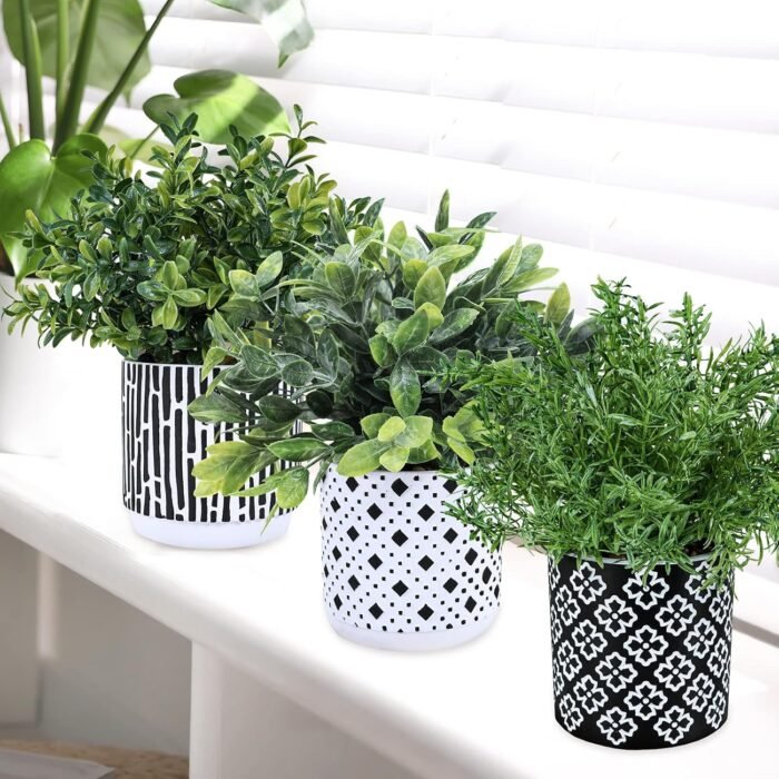 Winlyn 3-Pack Artificial Potted Plants - Faux Eucalyptus, Rosemary, Boxwood Greenery in Small Black & White Geometric Concrete Pots -Desk, Table, Shelf, Windowsill Decor for Indoor Outdoor Home Office - Image 8