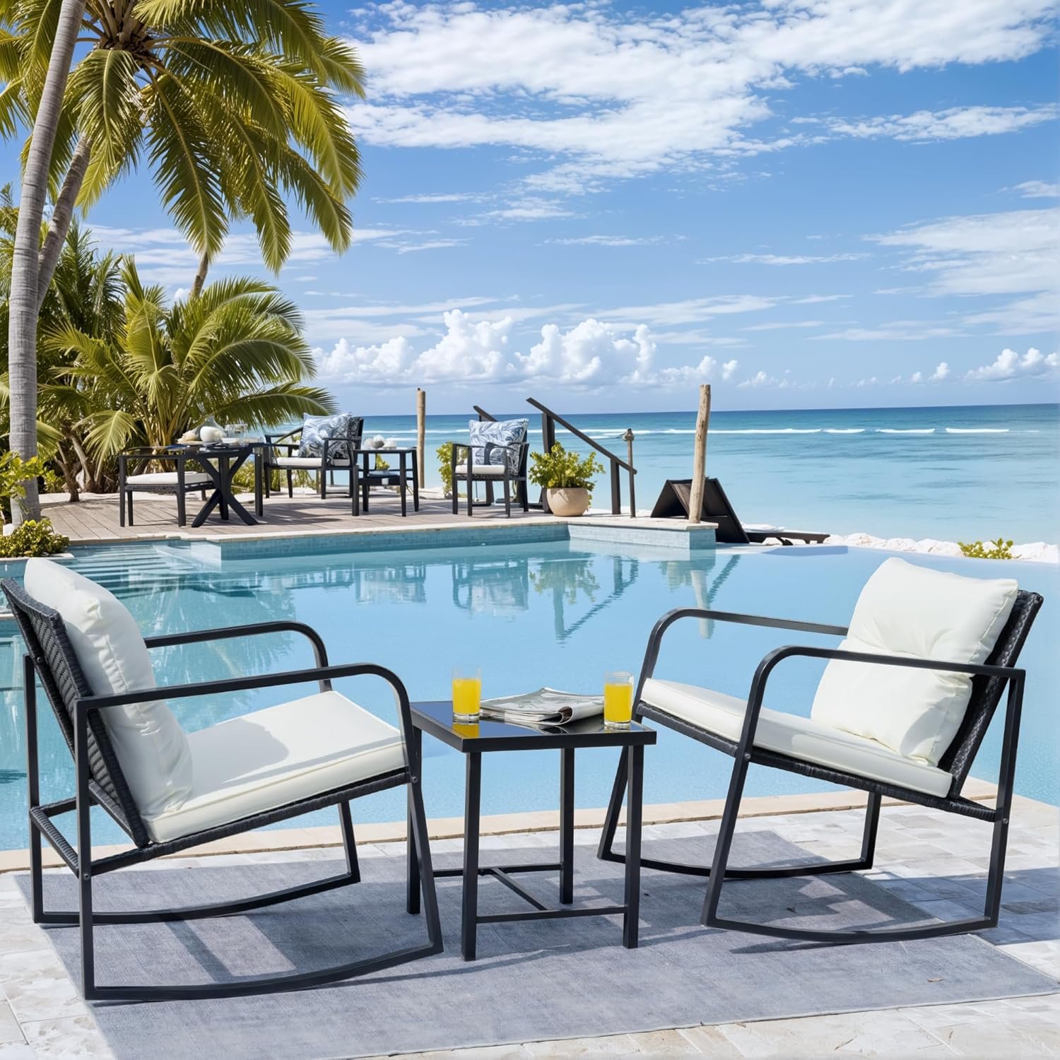 Flamaker Patio Chairs 3 Piece Wicker Rocking Chair Outdoor Bistro Sets with Coffee Table and Cushions Metal Frame Patio Furniture for Porch, Balcony, Lawn (White) - Image 7