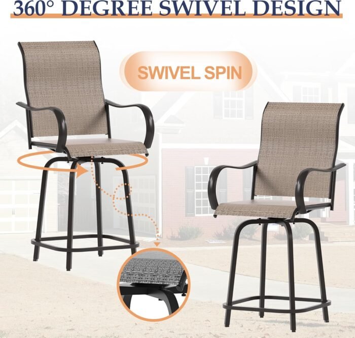 UDPATIO Patio Swivel Bar Stools Chair of 2, Outdoor Bar Height Set, All Weather High Back and Armrest Patio Stools & Bar Chairs for Backyard, Lawn Garden, Balcony and Pool, Brown - Image 4