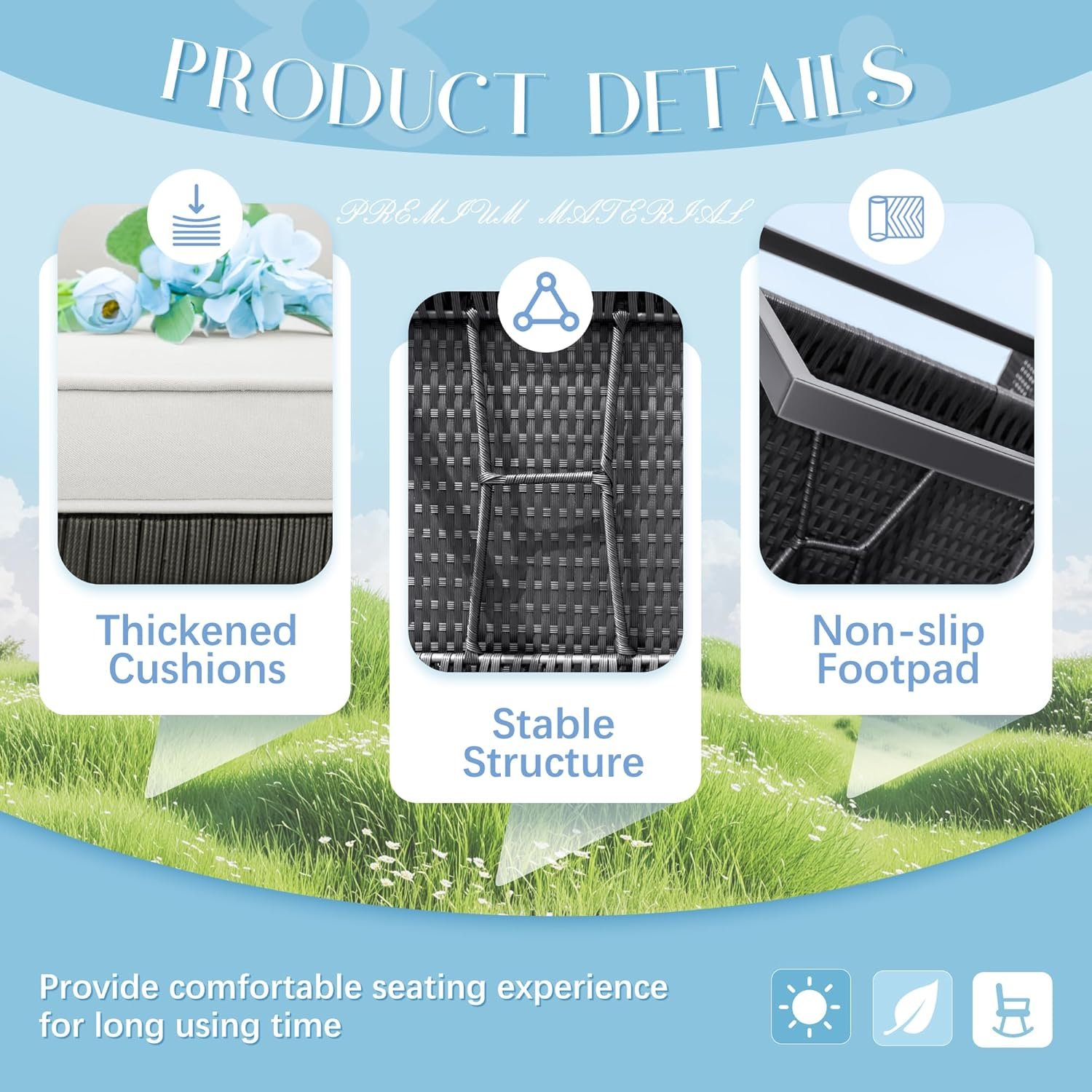 Flamaker Patio Chairs 3 Piece Wicker Rocking Chair Outdoor Bistro Sets with Coffee Table and Cushions Metal Frame Patio Furniture for Porch, Balcony, Lawn (White) - Image 5