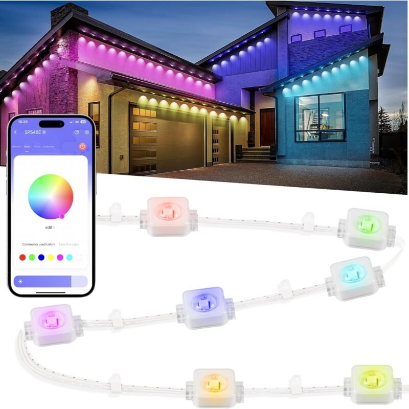 Nexillumi Permanent Outdoor Lights for House, 100ft Smart RGB Plus IC Outside Lights with 72 Scene Modes, IP68 Waterproof Eaves Lights for Christmas All Holiday Decorations