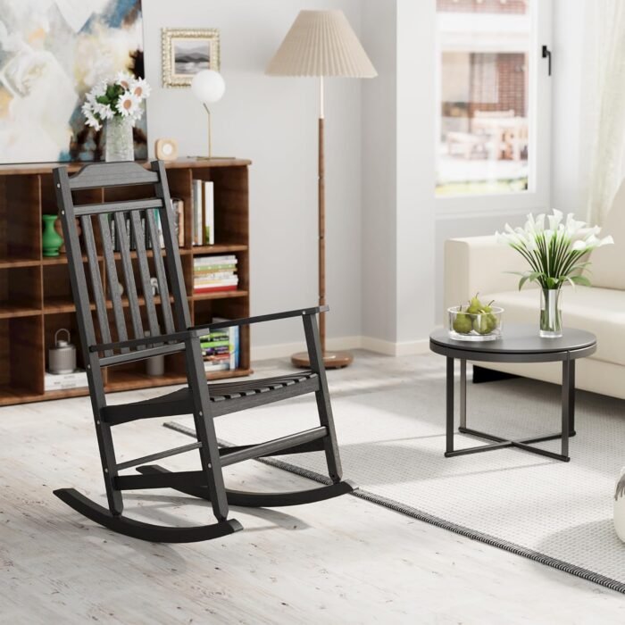Rocking Chair Outdoor Set of 2,Black Wooden Patio Oversized Rocking Chairs,All Weather High Back Freestyle Porch Rocker Chairs for Lawn Garden Fire Pit Backyard Deck Indoor - Image 3