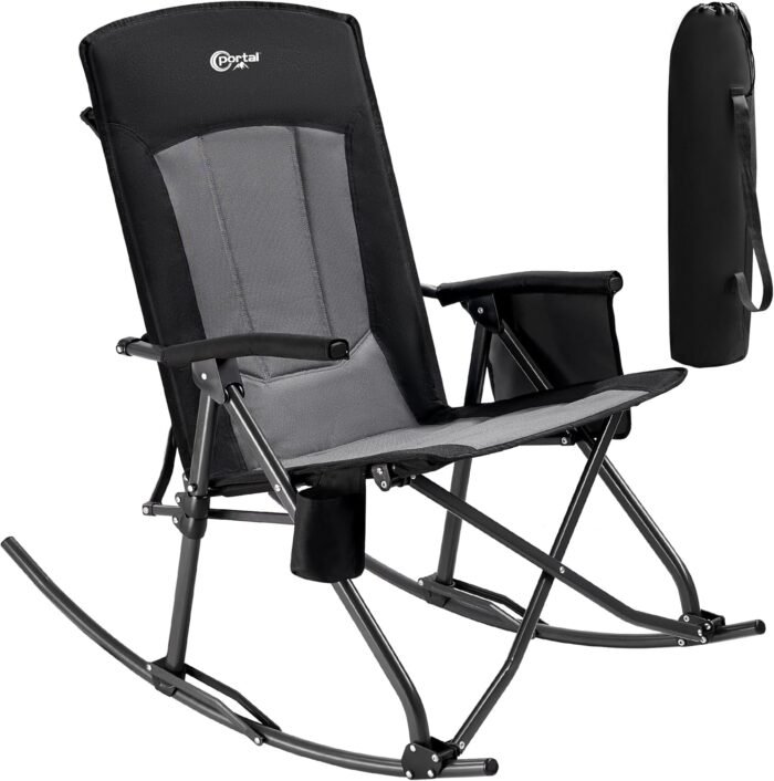 PORTAL Oversized Folding Rocking Camping Chair High Back Outdoor Rocker Portable for Outside Lawn Patio Travel Garden, Supports 400 lbs, Padded Back, Black Grey