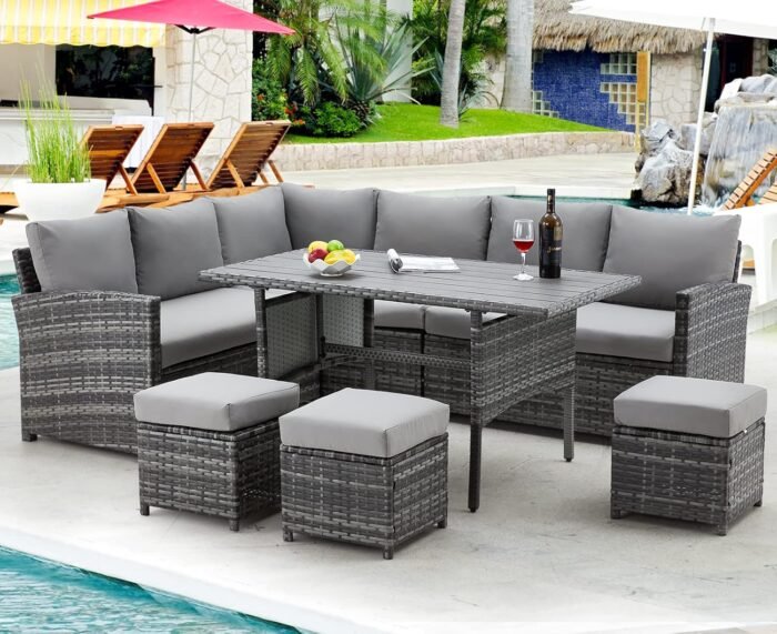 AECOJOY Patio Furniture Set, 7 Pieces Outdoor Patio Furniture with Dining Table&Chair, All Weather Wicker Conversation Set with Ottoman,Grey - Image 7