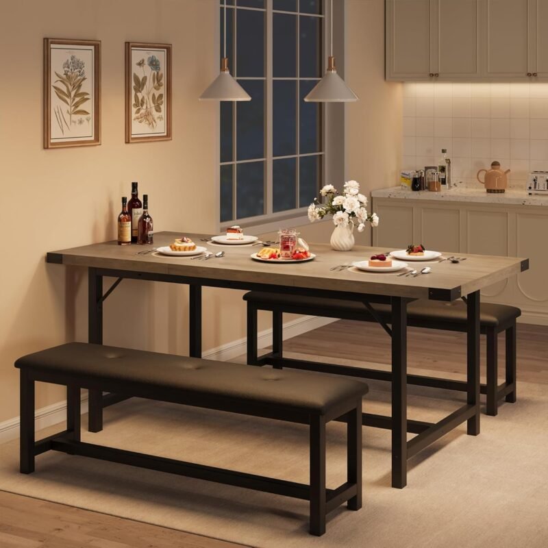 IDEALHOUSE 3 Piece Dining Table Set for 4-6, 63" Extendable Kitchen Table and Bench Set for 6, Metal Frame Rectangle Kitchen Table Set with 2 Upholstered Benches for Dining Room, Apartment, Retro Gray