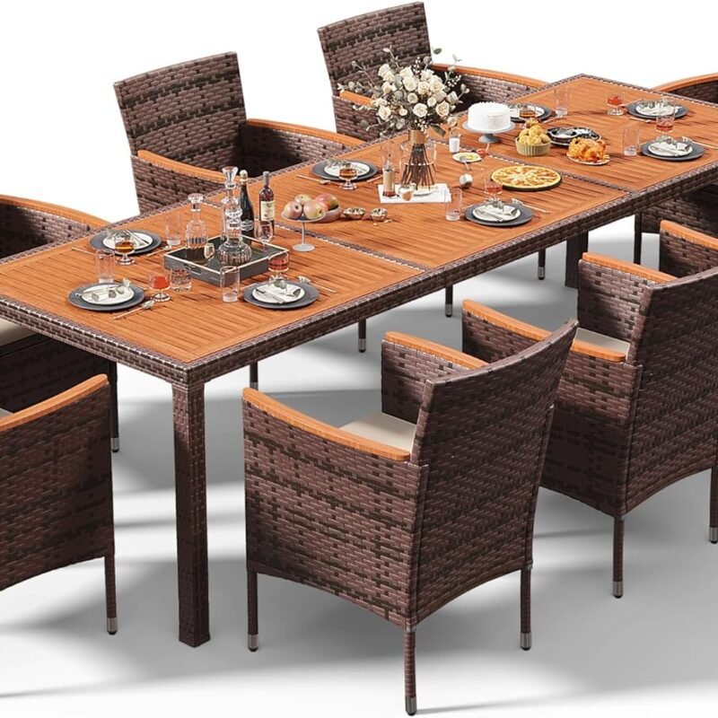 Devoko Outdoor Patio Dining Sets 9 Pieces Wicker Outdoor Dining Table and Chairs Set with Acacia Wood Table Top and Widened Armrests for Backyard, Garden, Deck (Brown)