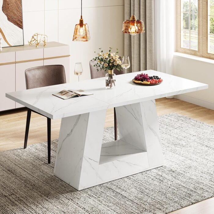 Tribesigns Dining Table for 4 to 6 People, 63" Rectangular Dining Room Table, Modern Wooden Faux Marble Dinner Table with Sturdy Base for Kitchen, Living Room - Image 4