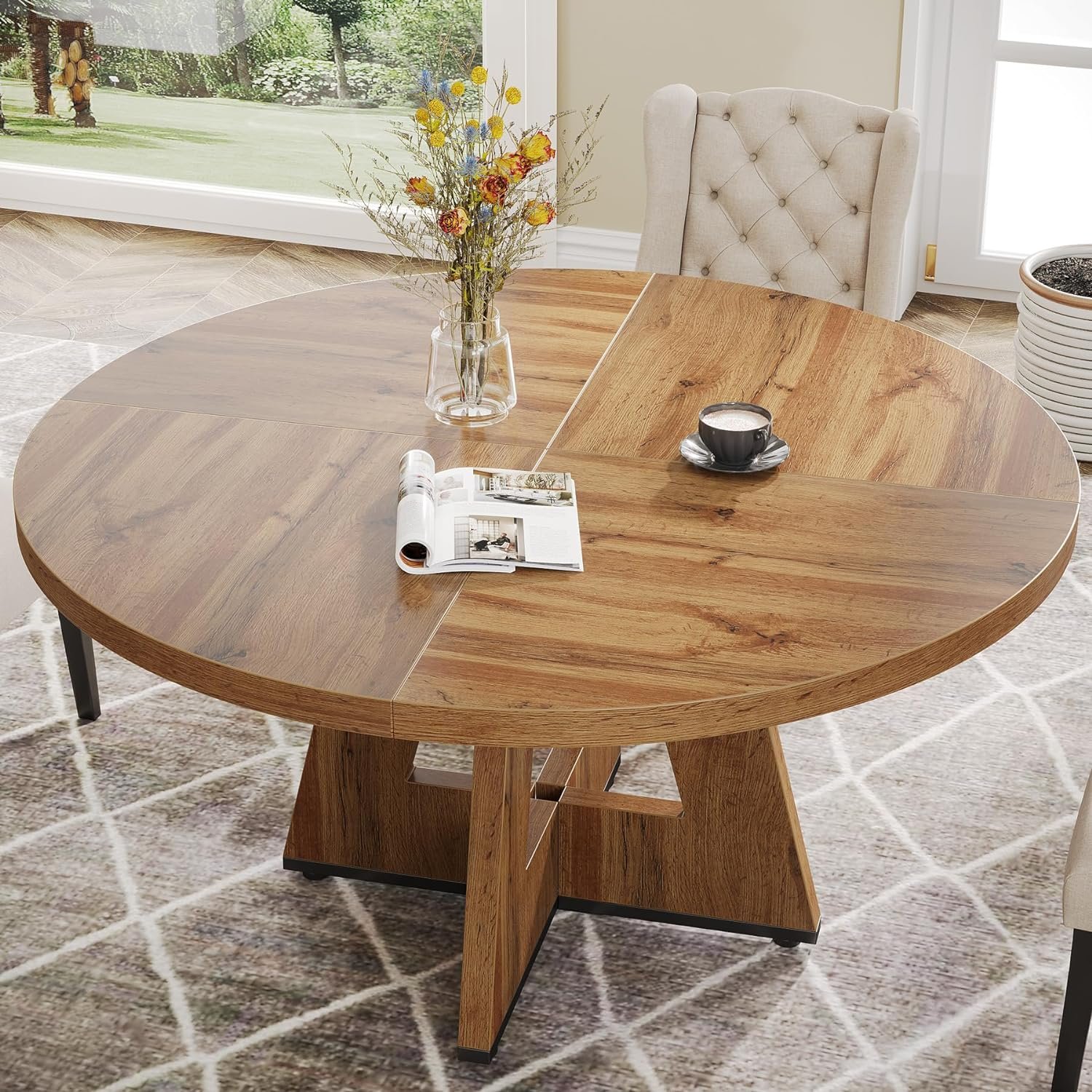 Tribesigns Farmhouse Dining Table, 47 Inch Round Dinner Table for 4, Rustic Round Dining Room Table for Home Dining Room Living Room (Wood) - Image 6