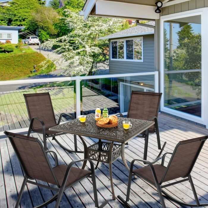 Tangkula Patio Rocking Chair Set of 2, Outdoor Ergonomic Rockers with Breathable Fabric Seat, Gentle Rocking Function, Sturdy Metal Rocker for Front Porch, Backyard, Garden (1, Dark Brown) - Image 9