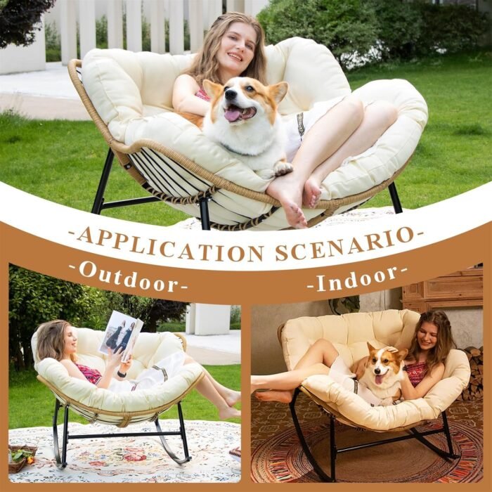 FINCATI Outdoor Indoor Papasan Rocking Chair,450 lbs Oversized Wicker Rattan Papasan Royal Recliner Chair with Cushion,Patio Lounge Egg Rocker Chair for Balcony Garden Living Room Beige - Image 9