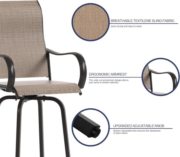 UDPATIO Patio Swivel Bar Stools Chair of 2, Outdoor Bar Height Set, All Weather High Back and Armrest Patio Stools & Bar Chairs for Backyard, Lawn Garden, Balcony and Pool, Brown - Image 5