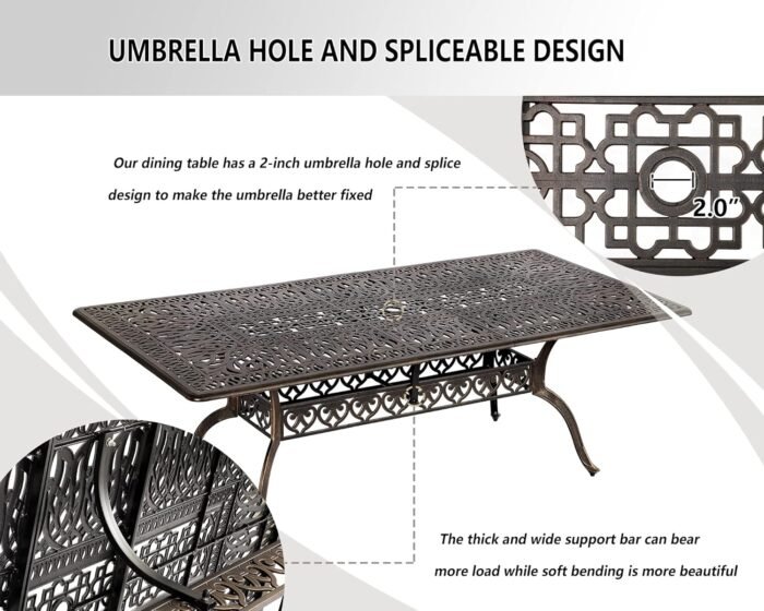 Grepatio Patio Dining Table - Outdoor Cast Aluminum Large Rectangular Table Weather-Resistant Table with 2" Umbrella Hole, People Party Lawn Backyard Garden Bronze, Blak 86.6"(L) x 59"(W) x 28.4"(H) - Image 6