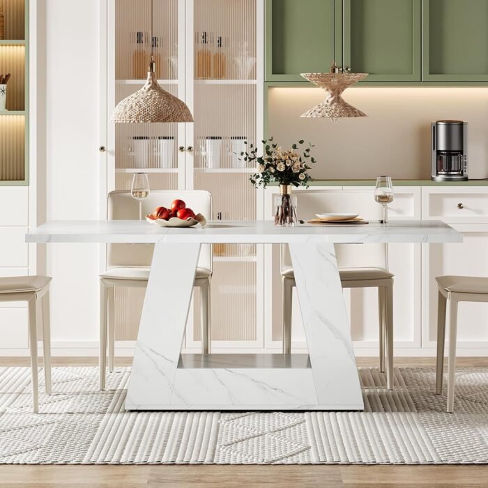 Tribesigns Dining Table for 4 to 6 People, 63" Rectangular Dining Room Table, Modern Wooden Faux Marble Dinner Table with Sturdy Base for Kitchen, Living Room - Image 5