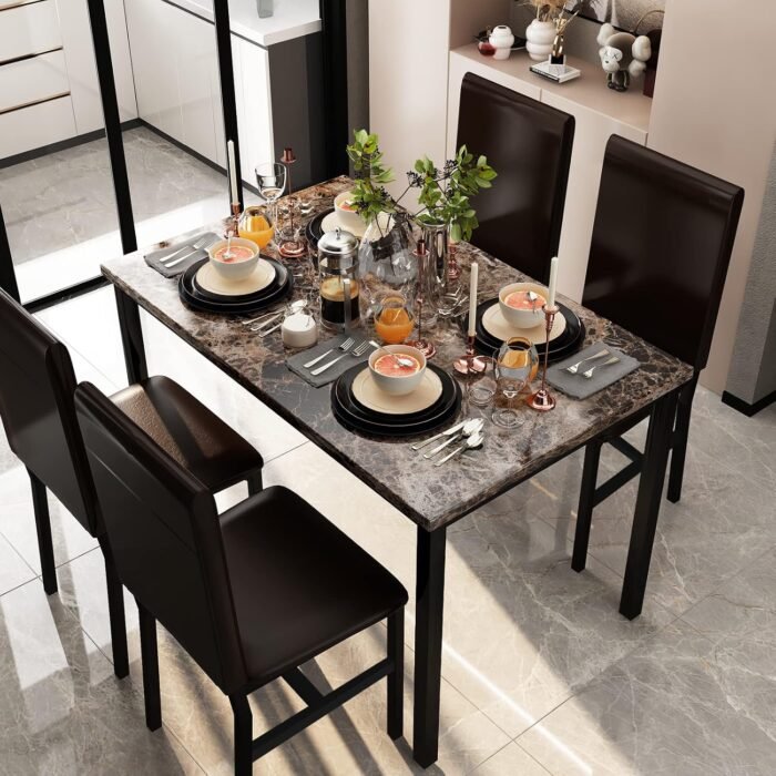 AWQM 5 Piece Dining Table Set for 4,Faux Marble Kitchen Table and Chairs for 4, Modern Dining Room Table Set with 4 Chairs,Dinner Table Set for Small Spaces, Brown - Image 3