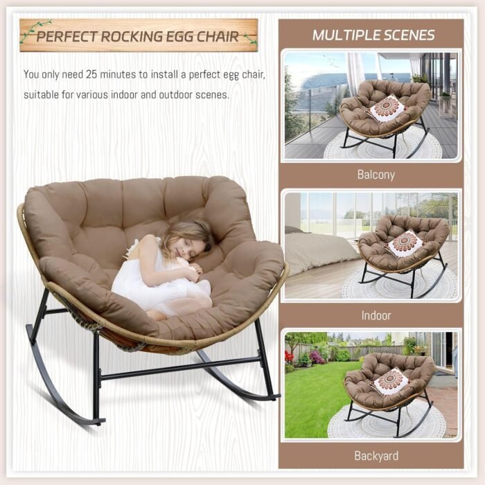 BULEXYARD Outdoor Papasan Rocking Chair with Padded Cushion, Oversized PE Rattan Comfy Royal Rocking Lounge Chair, Modern Comfy Patio Egg Chair Indoor Outdoor (1 pc, Brown) - Image 6