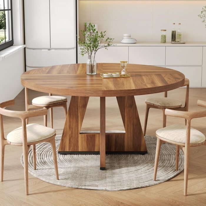 LITTLE TREE Round Dining Table for 4-6 People, 47 Inches Dining Room Table with Wooden Pedestal Base, Brown Dinner Table, Circle Kitchen Table for Dining Room, Kitchen, Living Room(Table Only) - Image 2