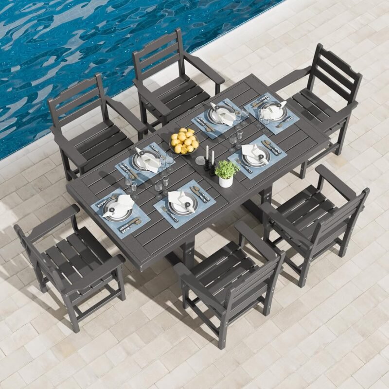 7-Piece Outdoor Dining Set for 6 - All-Weather Patio Furniture HDPE Table with Umbrella Hole and Chairs for Garden, Backyard, Poolside,Balcony, Gray