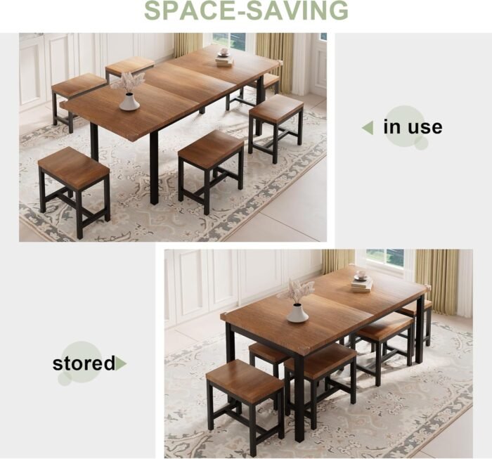 Feonase 7-Piece Dining Table Set with 6 Stools, 63" Large Extendable Kitchen Table Set for 4-8, Mid-Century Dining Room Table with Heavy-Duty Frame, Easy Assembly, Walnut - Image 7