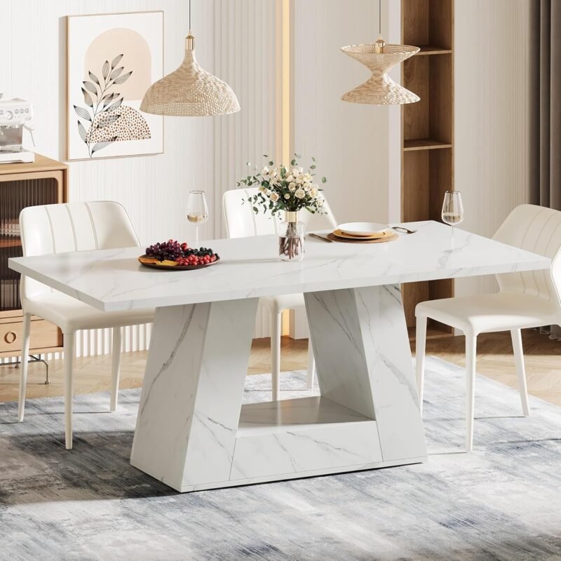 Tribesigns Dining Table for 4 to 6 People, 63" Rectangular Dining Room Table, Modern Wooden Faux Marble Dinner Table with Sturdy Base for Kitchen, Living Room