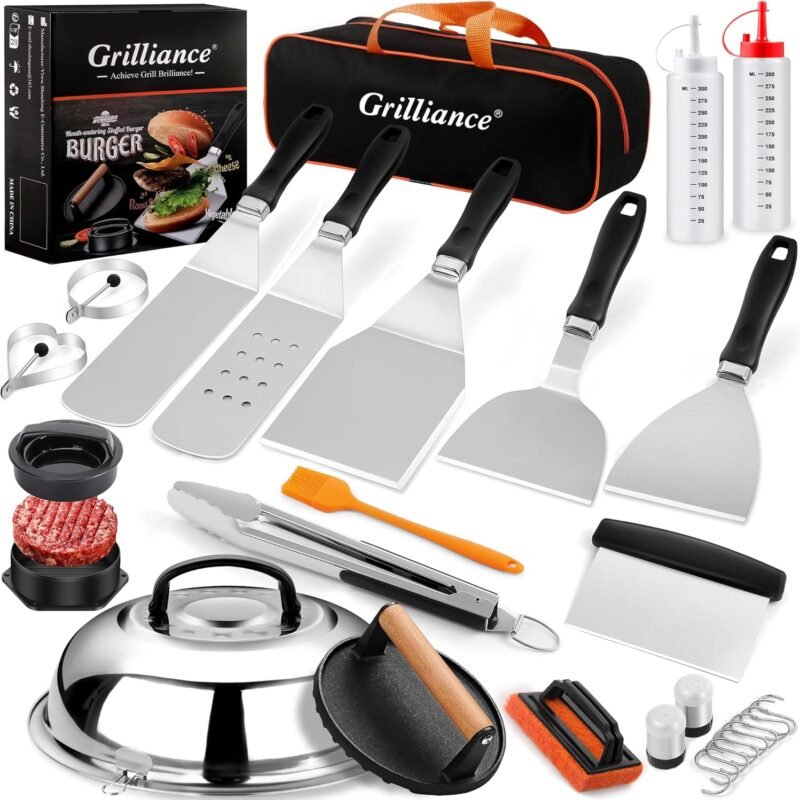 27pcs Blackstone Griddle Accessories Kit, Flat Top Grill Tools for Camp Chef，Hibachi Enlarged Spatula Gift Set with Basting Cover，Burger Press Patty Maker for Outdoor BBQ Teppanyaki