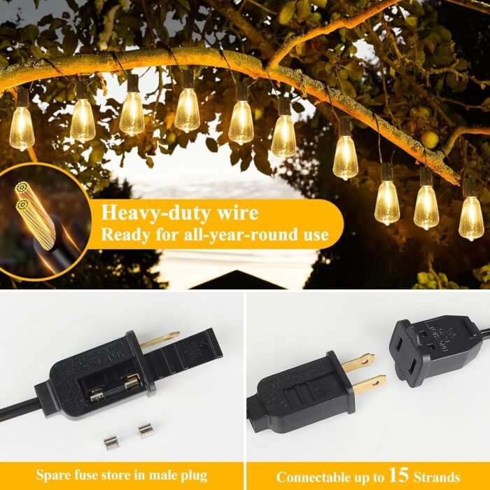 Brightever LED Outdoor String Lights 100FT Patio Lights with 52 Shatterproof ST38 Vintage Edison Bulbs, Outside Hanging Lights Waterproof for Porch, Deck, Garden, Backyard, Balcony, 2700K Dimmable - Image 6