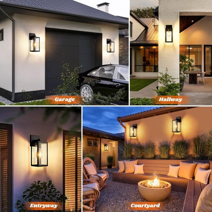2-Pack Outdoor Light Fixtures Wall Mount, Waterproof Exterior Wall Lanterns with Clear Glass, Anti-Rust Outside Black Wall Sconces, Front Porch Lights for House Garage Doorway, Bulbs Not Included - Image 7