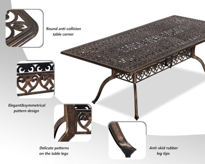 Grepatio Patio Dining Table - Outdoor Cast Aluminum Large Rectangular Table Weather-Resistant Table with 2" Umbrella Hole, People Party Lawn Backyard Garden Bronze, Blak 86.6"(L) x 59"(W) x 28.4"(H) - Image 5