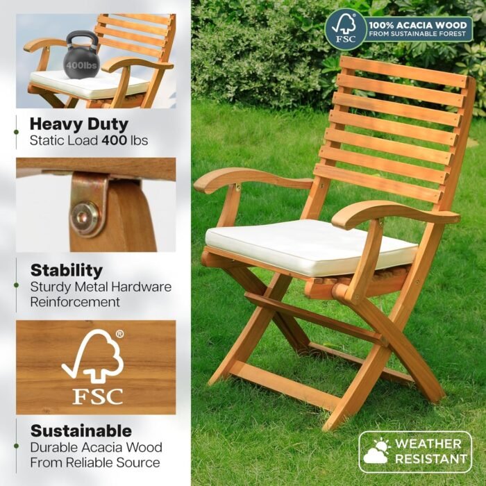 IDZO, Percy Chairs Heavy Duty 400lbs Capacity Set of 2 w/Cushion, FSC Acacia Outdoor Furniture, Teak Finish, Fully Assembled, Wood Folding_Beige - Image 2