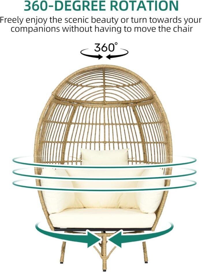 YITAHOME 360° Swivel Egg Chair Outdoor, 400lbs Capacity Oversized Patio Rotating Basket Chair, All-Weather Wicker Egg Lounger Chair for Outside Indoor (Beige) - Image 4