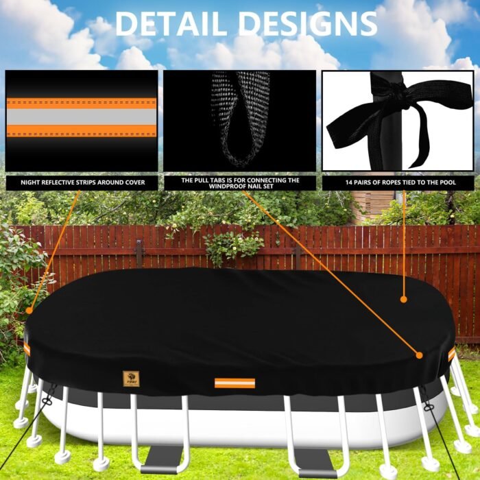 12x21 ft Rectangle Pool Covers for Above Ground Pools,Oval Winter Pool Covers,Durable Tearproof Waterproof 420D Polyester,Solar Swimming Pool Cover,Weatherproof Cold and UV-Resistant, Ground Nail Set - Image 4