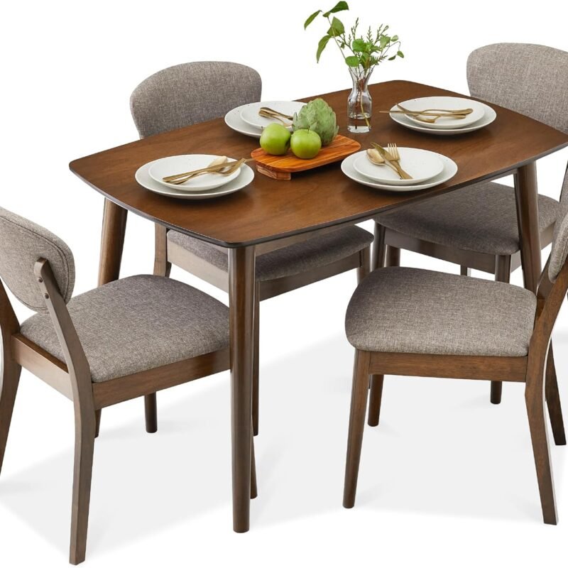 Best Choice Products 5-Piece Dining Set, Compact Mid-Century Modern Table & Chair Set for Home, Apartment w/ 4 Chairs, Padded Seats & Backrests, Wooden Frame - Walnut/Light Gray
