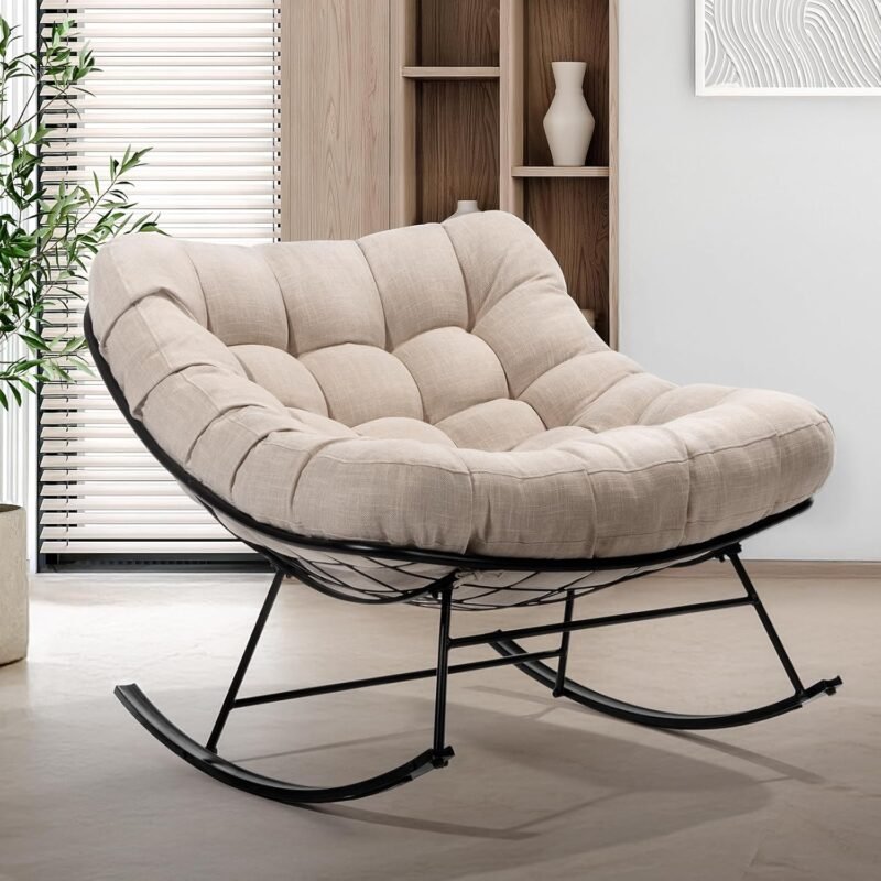 Bme Patio Rocking Chair Outdoor & Indoor, Metal Patio Lounge Rocking Chair with Thick Cushion, Comfy Modern Rocker Chair for Living Room, Porch, Backyard, Beige Cushion - Black Matte Rocker