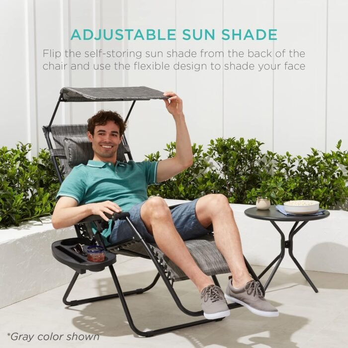 Best Choice Products Folding Zero Gravity Outdoor Recliner Patio Lounge Chair w/Adjustable Canopy Shade, Headrest, Side Accessory Tray, Textilene Mesh - Beige - Image 4