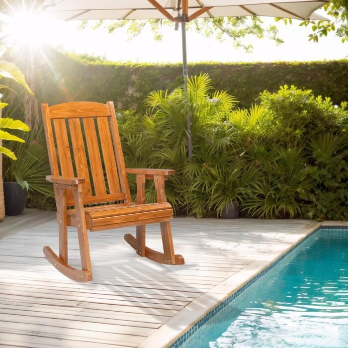VINGLI Outdoor Rocking Chair, Heavy Duty 600 LBS Wooden Rocking Chair with Comfortable Backrest, Weatherproof Patio Rocker with Ergonomic Design, Solid Fir Wood Rocking Chair for Patio, Garden, Teak - Image 2