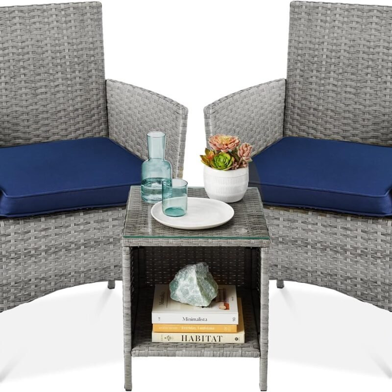 Best Choice Products 3-Piece Outdoor Wicker Conversation Bistro Set, Space Saving Patio Furniture for Garden w/Side Table - Gray/Navy