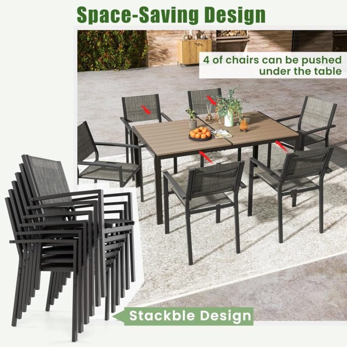 Tangkula 7 Piece Outdoor Dining Set, Patio Furniture Set w/ 6 Stackable Chairs & Large Rectangle Table, Dining Table Set for 6, Backyard, Porch, Garden, Poolside (Gray) - Image 4