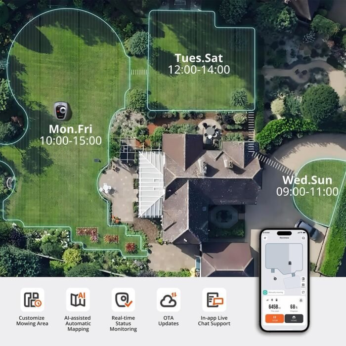 Segway Navimow i105N Robot Lawn Mower Perimeter Wire Free 1/8 Acre RTK+Vision Robotic Lawnmower, AI-Assisted Mapping, Virtual Boundary, APP Control, 58dB(A) Quiet, Multi-Zone Management - Image 5