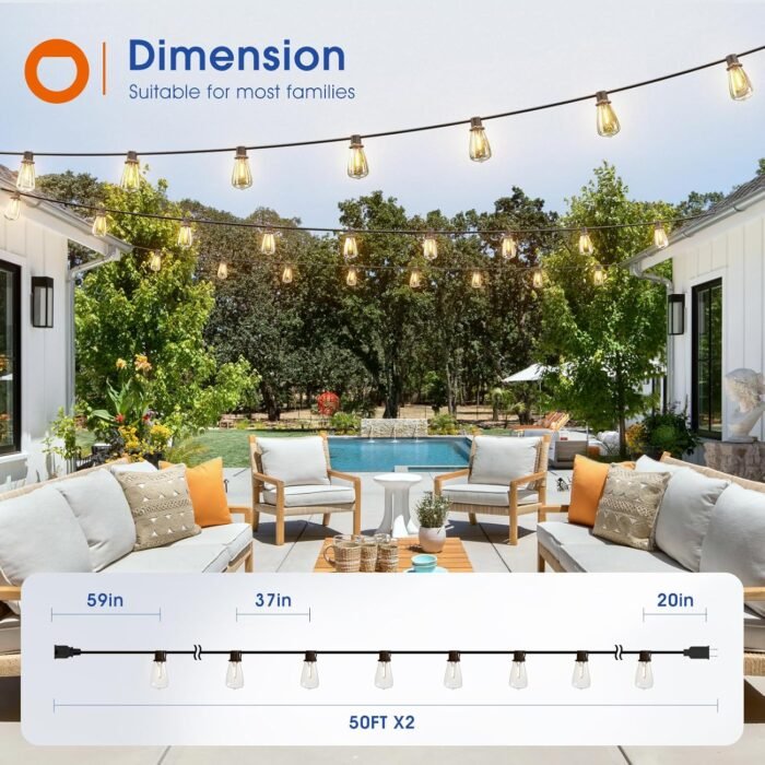 addlon 100FT(50FT*2) LED Outdoor String Lights Waterproof Patio Lights with 32 Shatterproof ST38 Replaceable Bulbs(2 Spare), Dimmable Outside Hanging Lights Connectable for Porch, Backyard, 2200K - Image 6