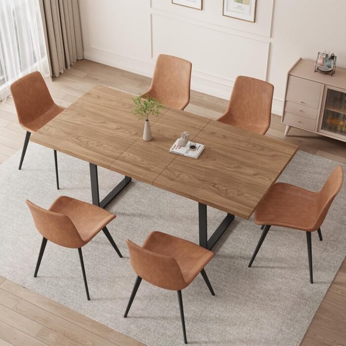 ZckyCine 67" Expandable Walnut Dining Table and 6 Upholstered Chairs, 7-Piece Dining Room Furniture Set, Mid-Century Modern Style for Home, Dining Room and Kitchen - Image 5