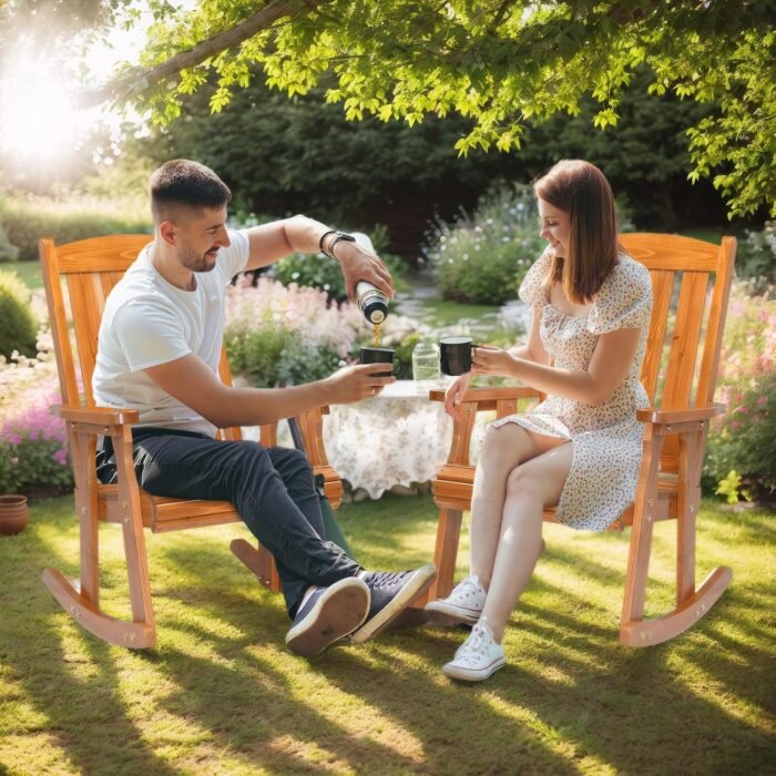 VINGLI Outdoor Rocking Chair, Heavy Duty 600 LBS Wooden Rocking Chair with Comfortable Backrest, Weatherproof Patio Rocker with Ergonomic Design, Solid Fir Wood Rocking Chair for Patio, Garden, Teak - Image 7