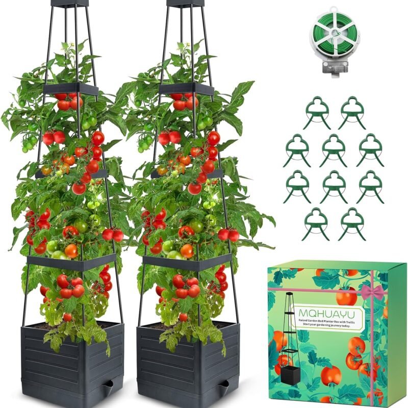 2Pack Raised Garden Bed Planter Box with Trellis, 57" Self-Watering Tomato Cage Planters for Climbing Plants Vegetable Vine Flowers Outdoor & Indoor (57x9.8x9.8IN)